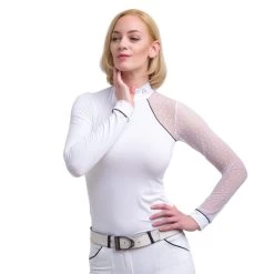 Cavalliera Modern Dame Long Sleeve Show Shirt - White/White/Navy Blue