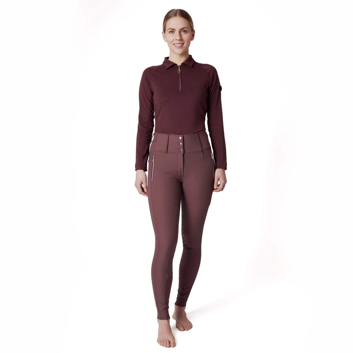 Horze Tiana Womens Pique Shirt W/ Long Sleeves - Red Mahogany Burgundy - Image 3