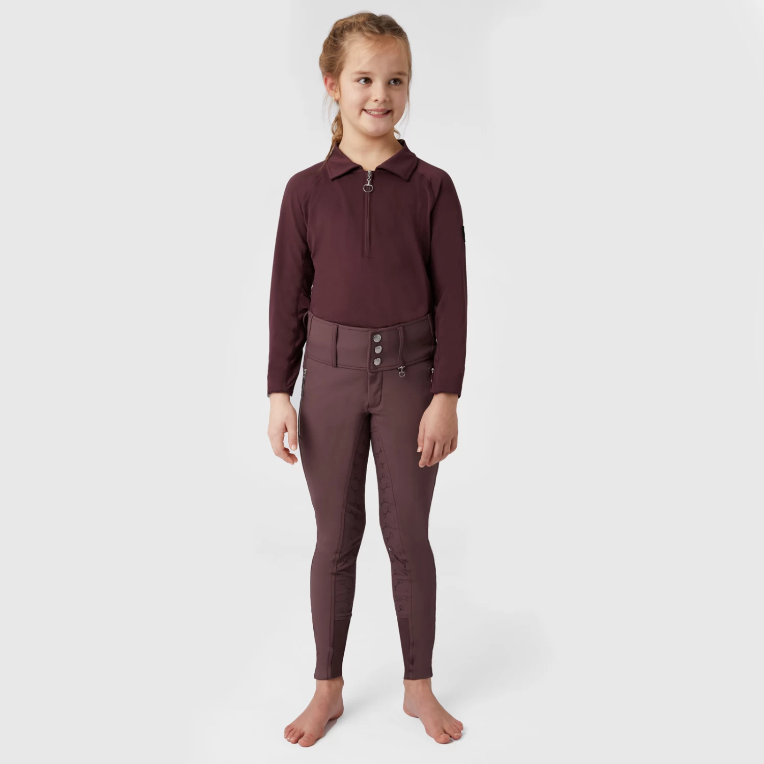 Horze Tiana JR Kids Pique Shirt W/ Long Sleeves - Red Mahogany Burgundy - Image 3