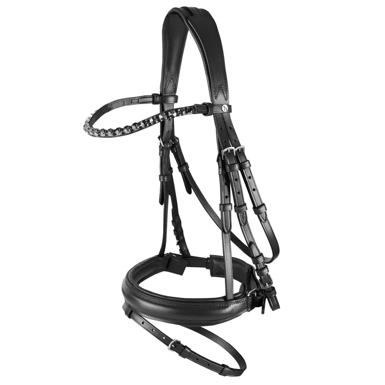 Horze Ergonomic Snaffle Bridle With Curved Crystal Browband - Black/Black - Image 2