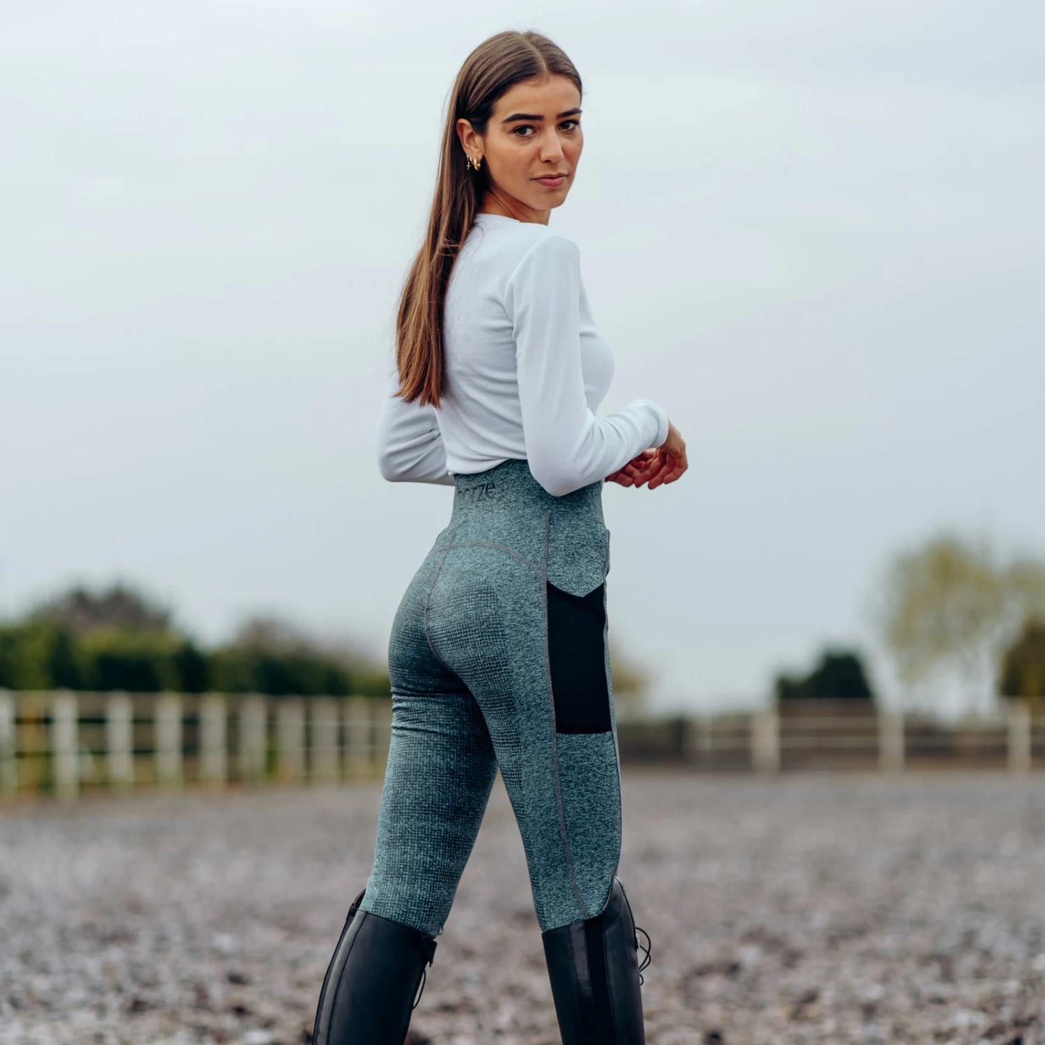 Horze Selena Womens Sporty Riding Tights With Mesh Lower Leg - Light Blue/Montauk Navy - Image 4