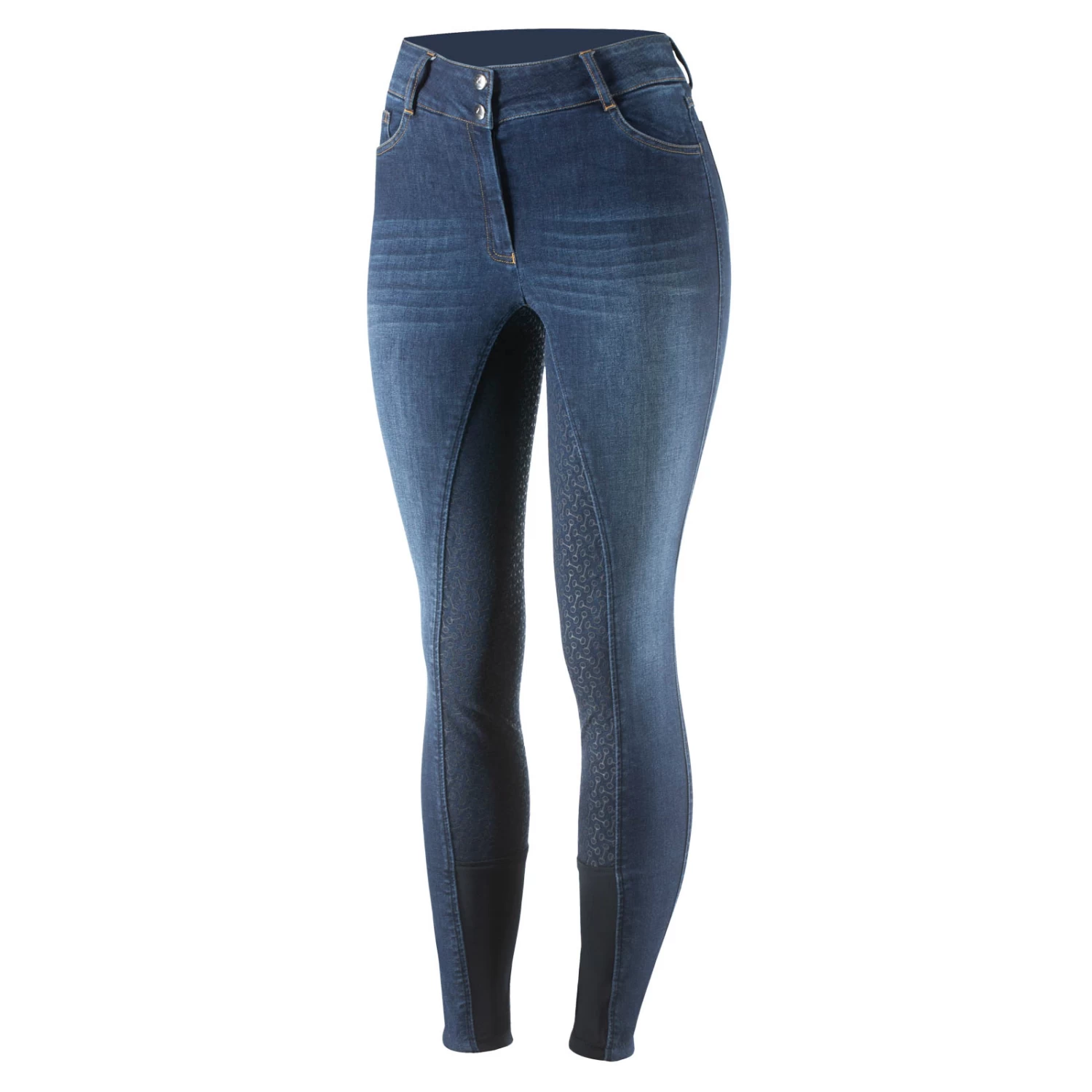 Horze Kaia Womens High Waist Denim Silicone Full Seat Breeches - Dark Blue - Image 3
