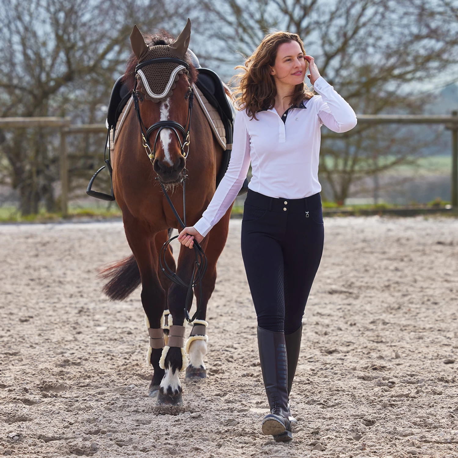 Horze Blaire Womens Long Sleeved Sun Show Shirt - White/Dark Navy - Image 2