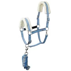 Horze Striped Halter With Fleece Fur & Matching Lead - Sea Spray Green