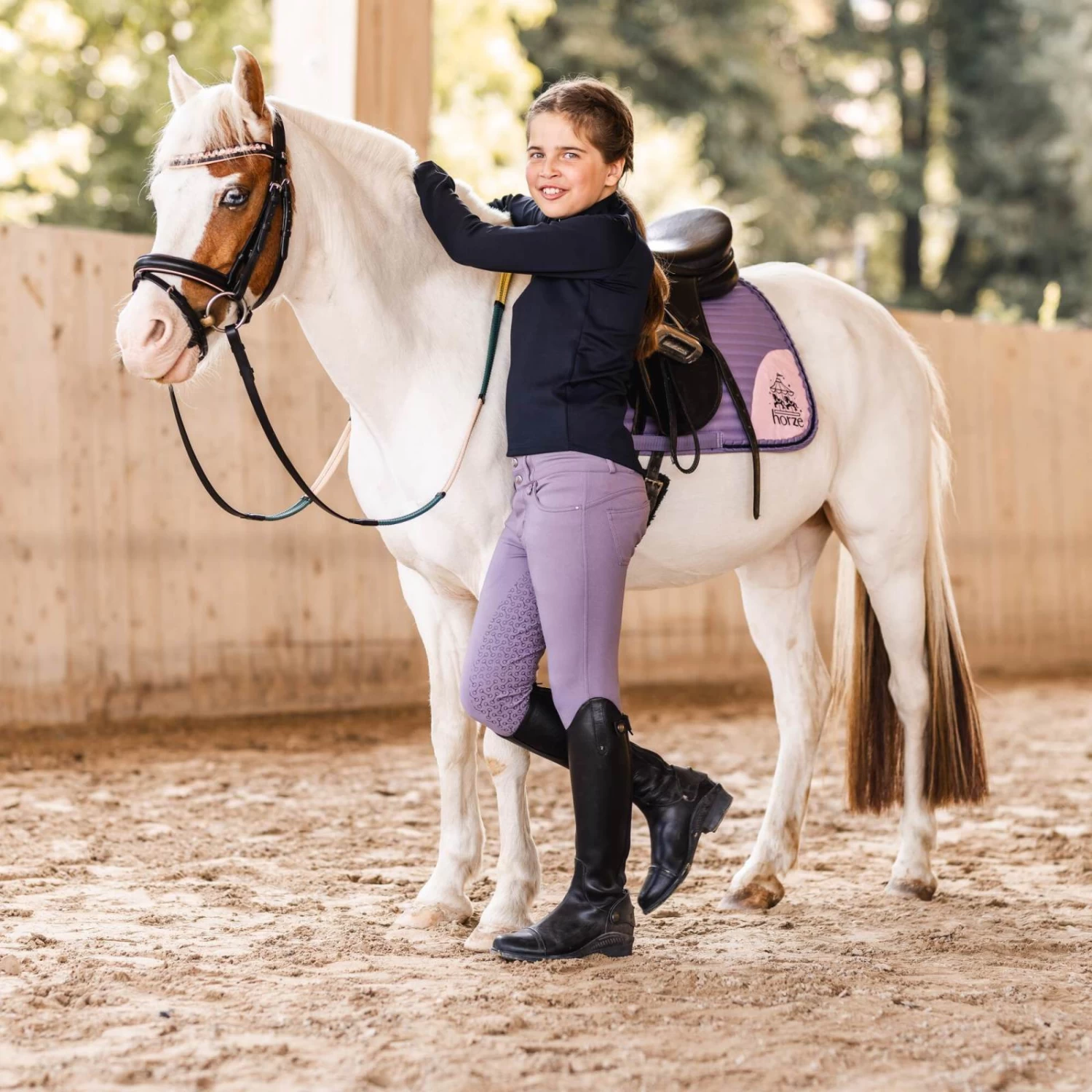 Horze Tara Kids High Waist Full Seat Breeches - Grey Ridge Purple - Image 4