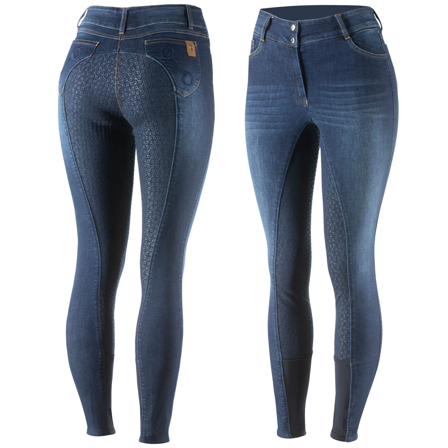 Horze Kaia Womens High Waist Denim Silicone Full Seat Breeches - Dark Blue