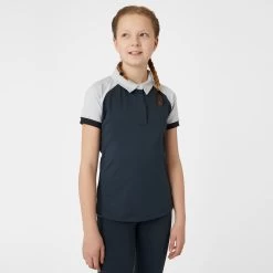 Horze Laura Kids Ventilated Polo Training Shirt - Obscure Night Blue/ Pebble Grey