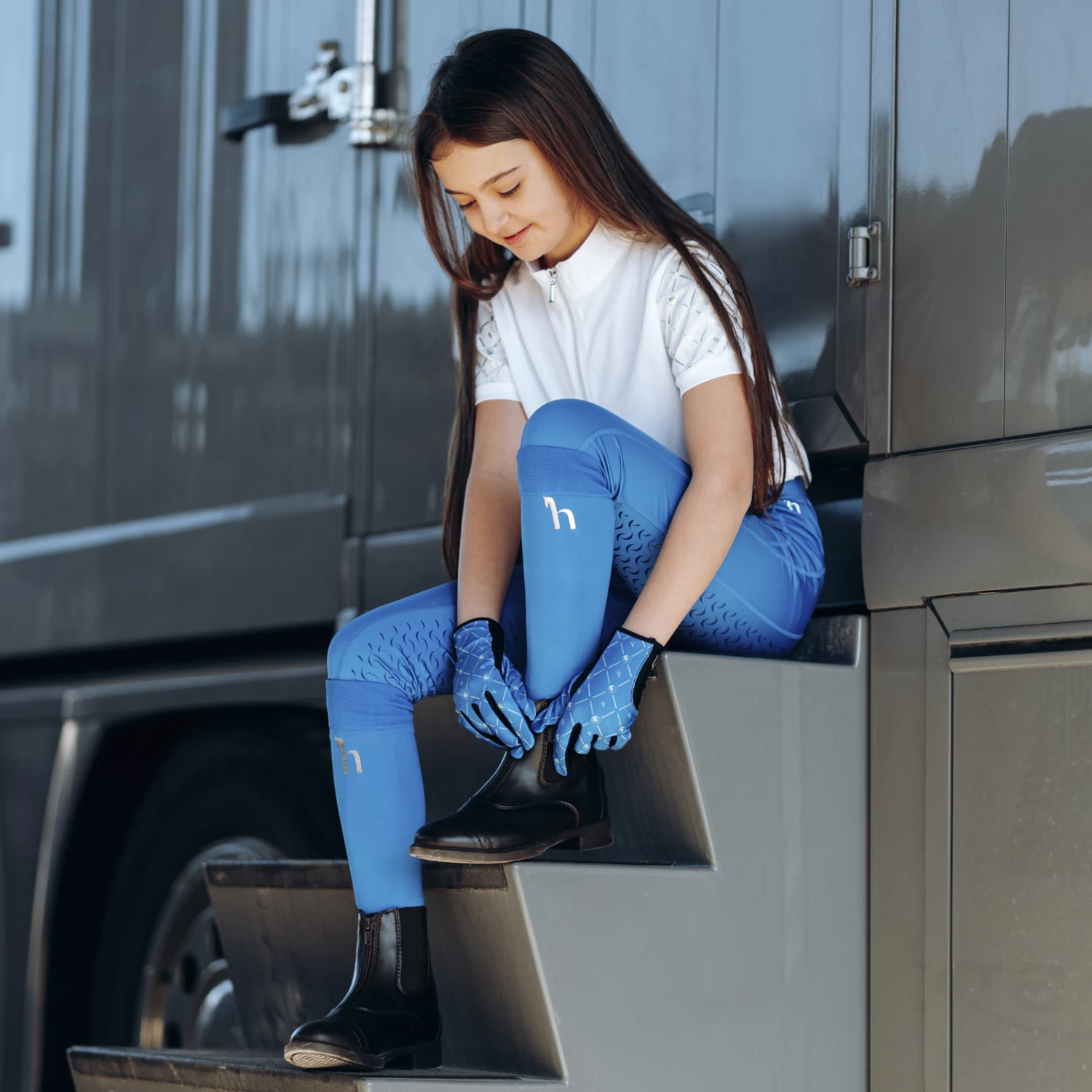 Horze Tessa Kids Full Seat Riding Tights - Princess Blue - Image 7