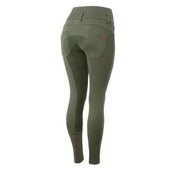 Horze Tara Womens High Waist Breeches Leather Full Seat - Beetle Khaki Green