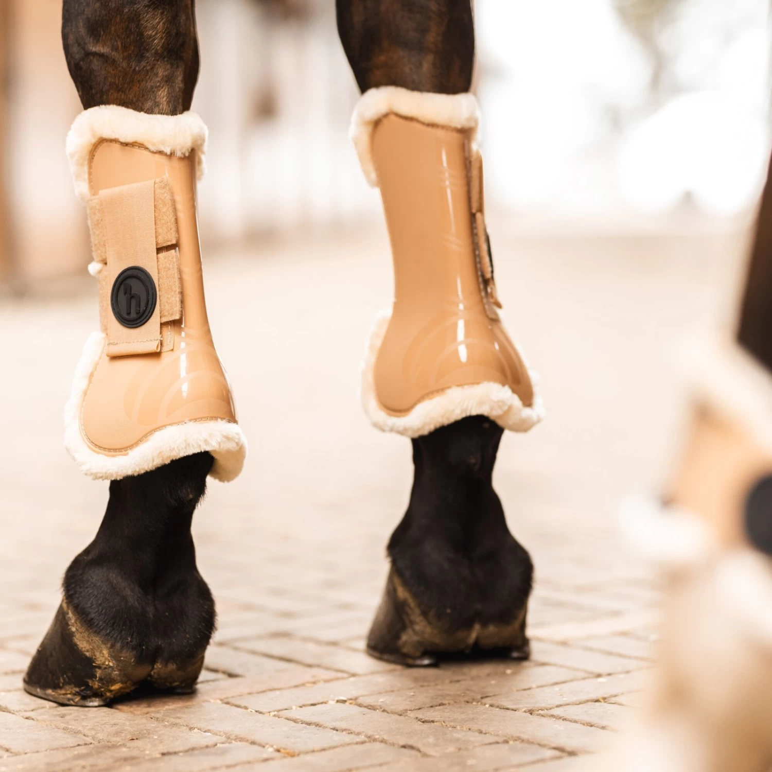 Horze Caliber Open Front Fleece Tendon Boots - Biscuit Brown - Image 5