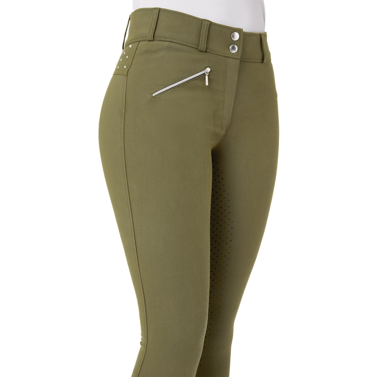 Horze Womens High Waist Full Seat Breeches With Crystals - Winter Moss Green - Image 7